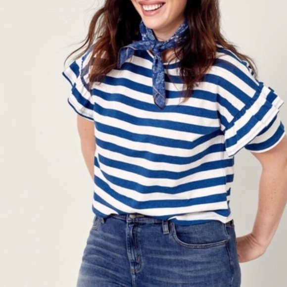 Universal Thread Cotton Blue White Stripe Short Sleeve Ruffle Tee Blouse - Picture 1 of 6